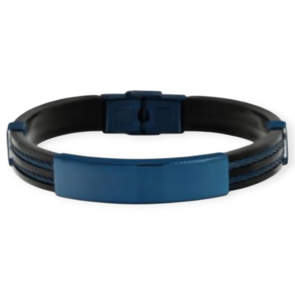Men NWT Blackjack Black Rubber Blue Ion-Plated Stainless Steel Cable ID Bracelet - Picture 2 of 4